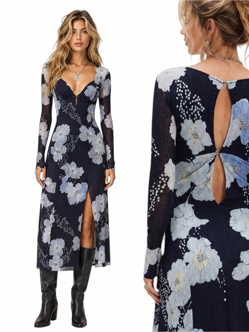 Free People – Calla Midi Dress – Sky Combo Floral - Keyhole Open Back  – Sz. L